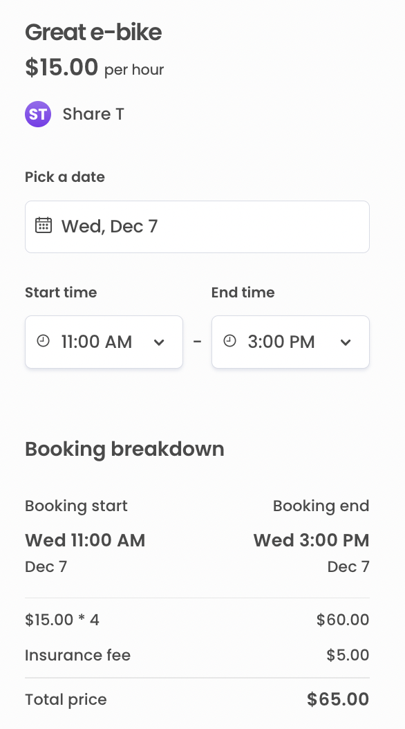 Booking panel